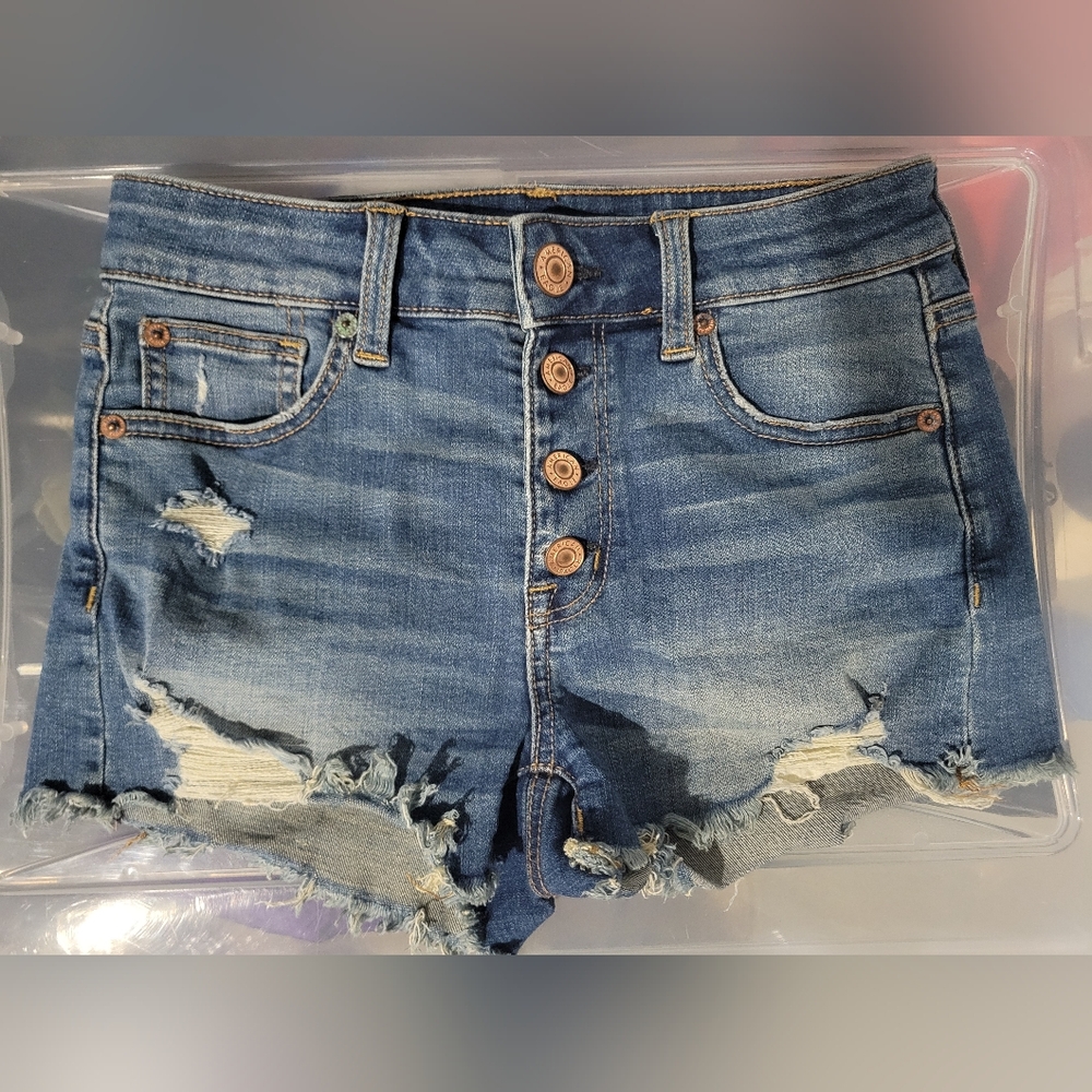 American Eagle Button Fly Super Stretch High Rise Distressed Denim Shorts Size 0